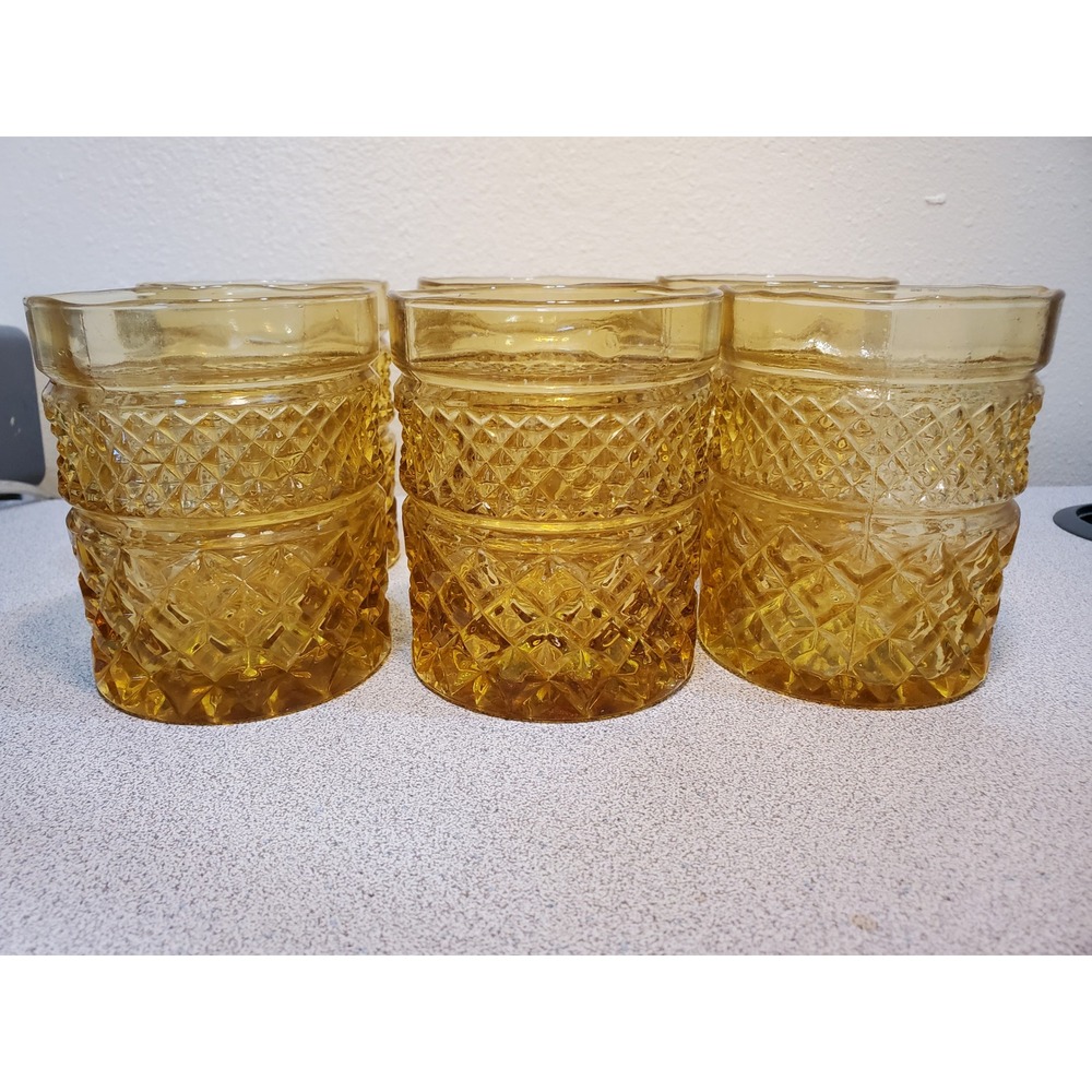 Vintage Yellow Amber Glass Tumblers Diamond Wexford Set of 6 Lowball Glasses